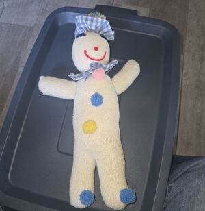 Vintage Handmade Cream Plush Clown Doll with Blue & Yellow Accents